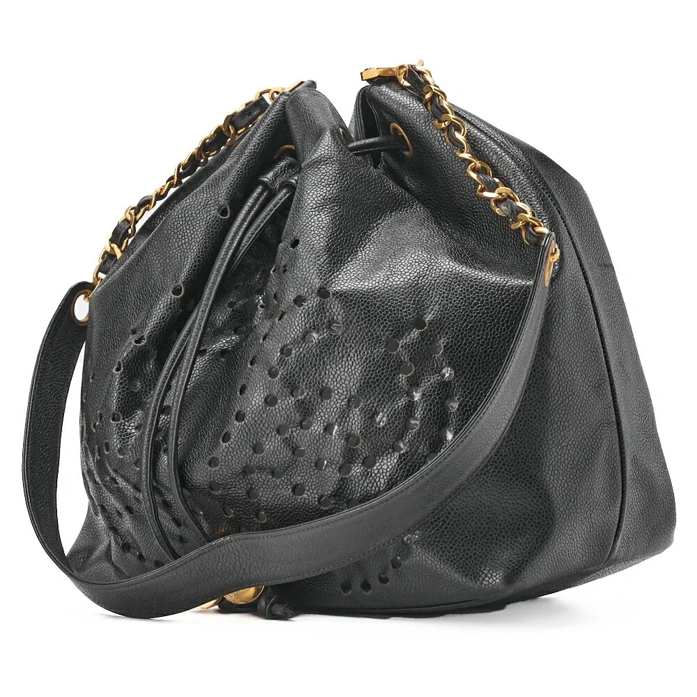 Authentic CHANEL Black caviar perforated bucket drawstring with removable pouch